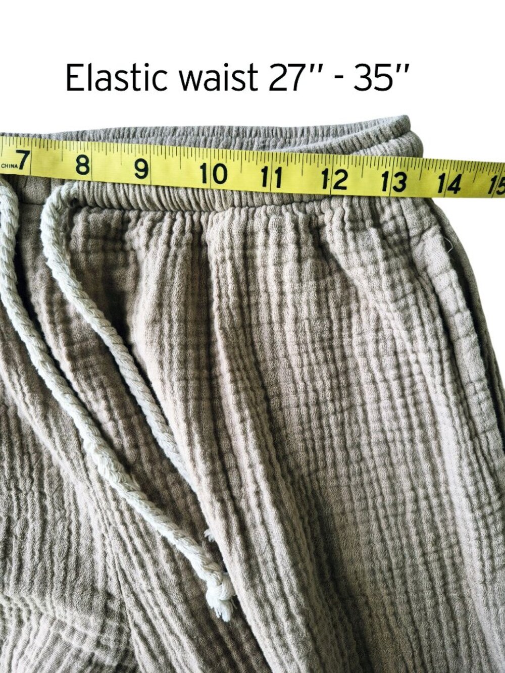 Cotton Gauze Beige Drawstring Waffle Texture Lightweight Wide Leg Ankle Length M - Picture 9 of 13